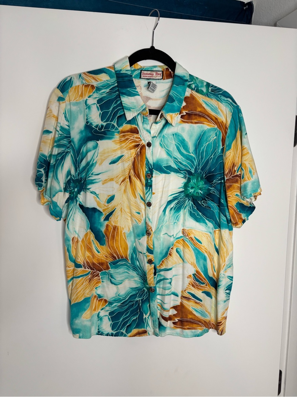 Tommy Bahama Teal, Gold & White Floral Camp Shirt